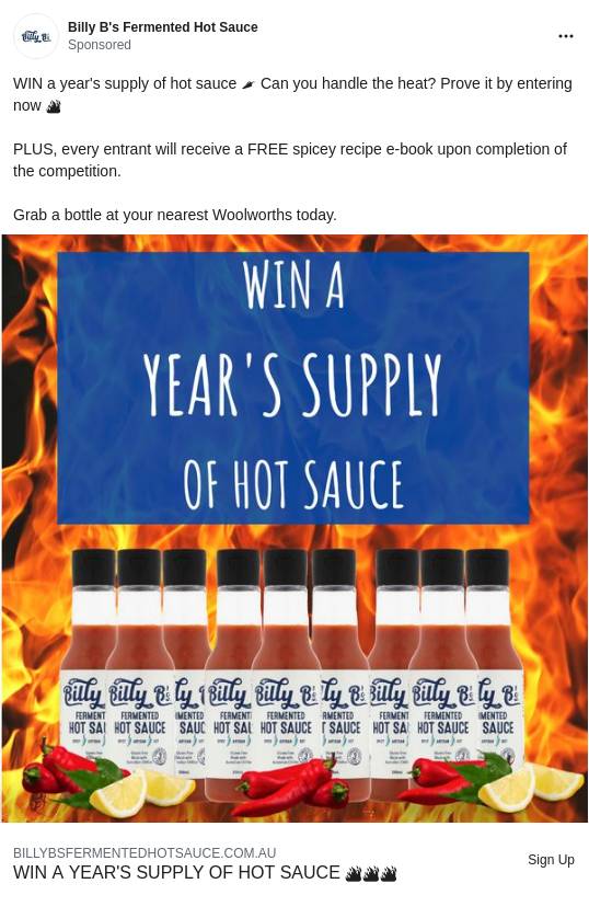 WIN A YEAR’S SUPPLY OF HOT SAUCE Billy B's Fermented Hot Sauce Ad