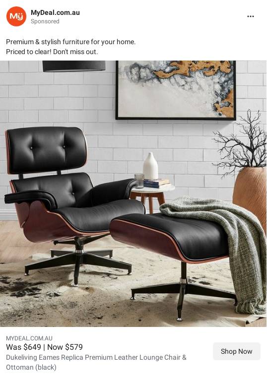 DukeLiving Eames Replica Premium Leather Lounge Chair & Ottoman (Black) - MyDeal