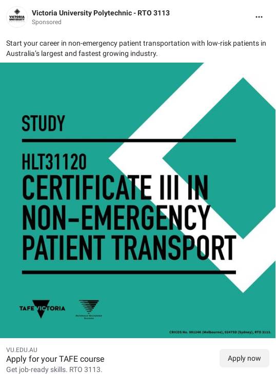 Certificate III in NonEmergency Patient Transport HLT31120 Victoria University Ad Bigdatr