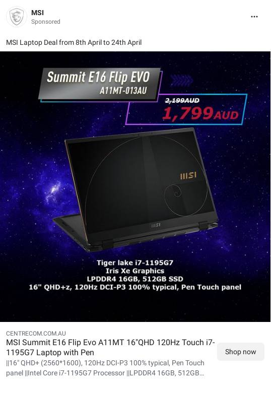 MSI Summit E16 Flip Evo A11MT 16"QHD 120Hz Touch i71195G7 Laptop with