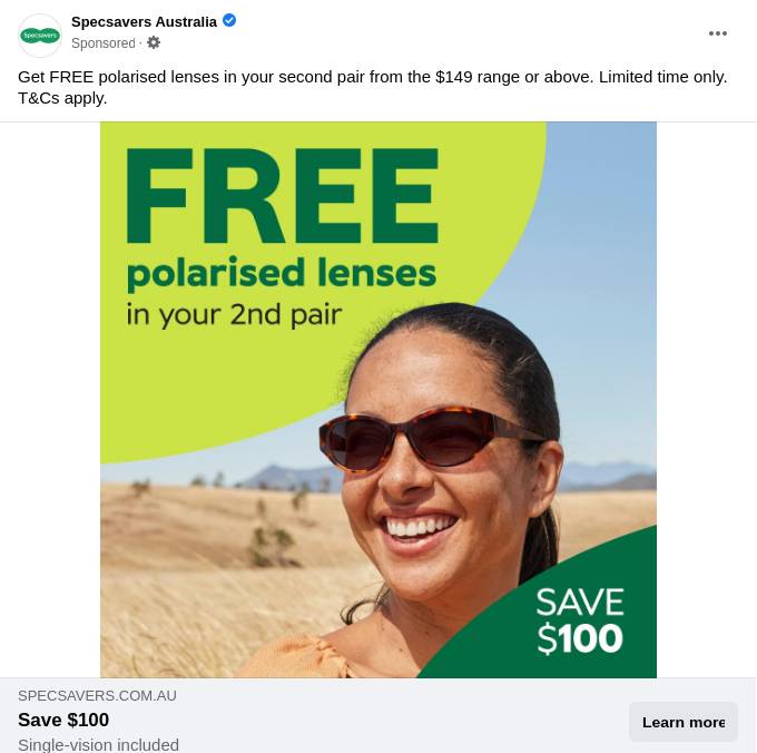 Free polarised lenses in your second pair Specsavers Australia Ad