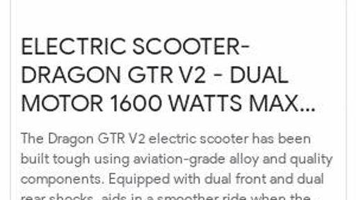 ELECTRIC SCOOTER- DRAGON GTR V2 - DUAL MOTOR 1600 WATTS Max 2400 WATTS