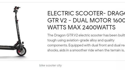 ELECTRIC SCOOTER- DRAGON GTR V2 - DUAL MOTOR 1600 WATTS Max 2400 WATTS
