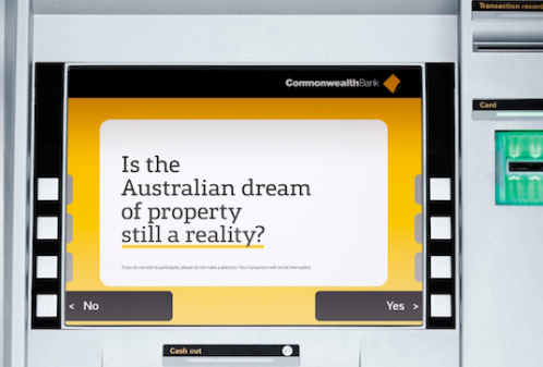 Above: Image of CommBank ATM presenting customers with the questions to help the bank build a better understanding of public opinion. 