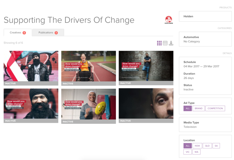 Above: Holden's campaign 'Supporting The Drivers of Change' from BigDatr's  Campaign Library  dashboard. 