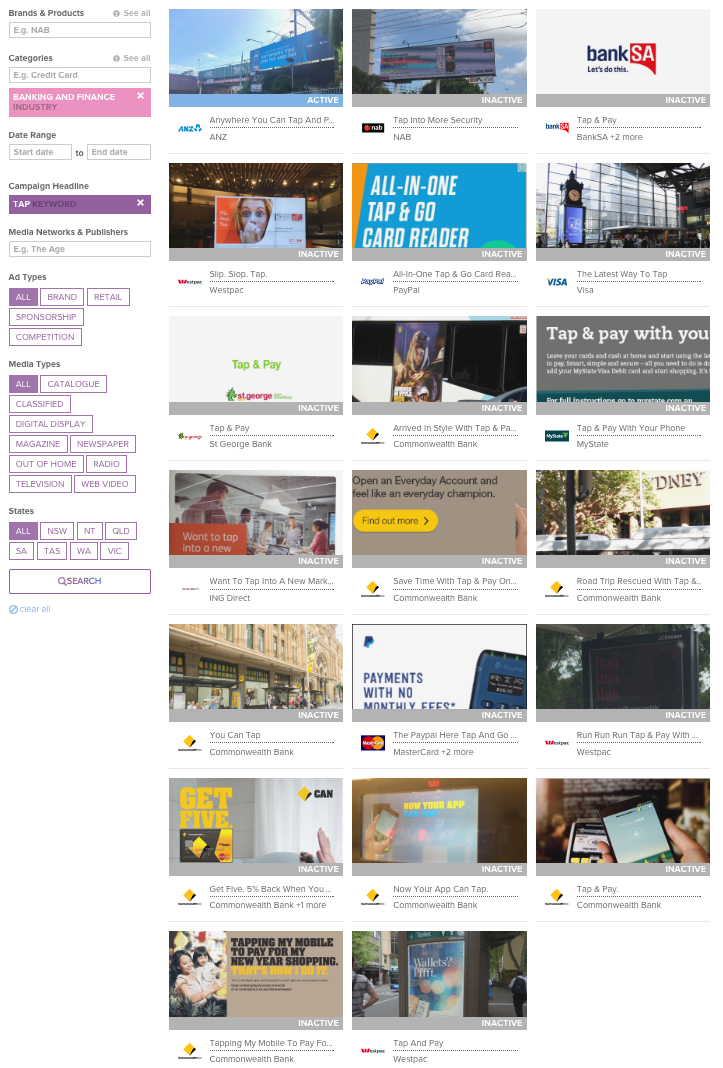 Above: Snapshot of BigDatr Campaign Library of all Banking and Finance campaigns incorporating 'Tap' in their campaign headline.  